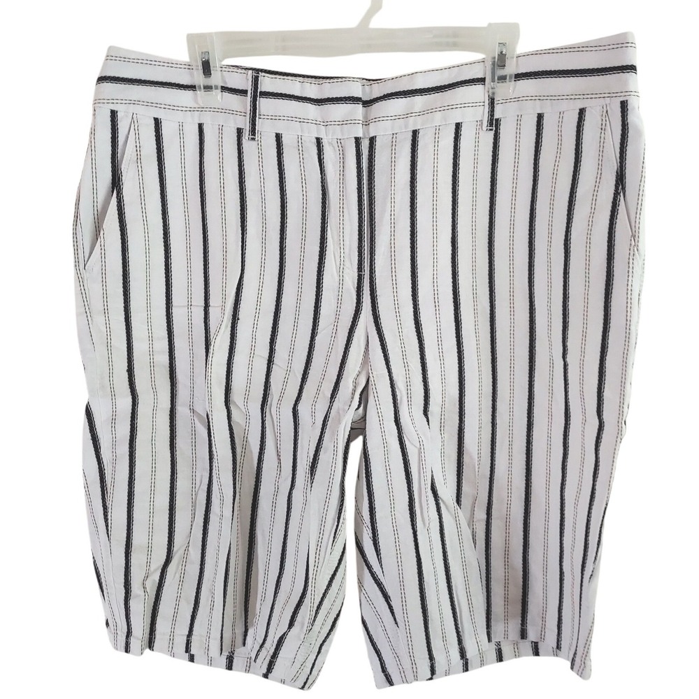 LOFT Outlet Skinny Bermuda Shorts Womens 14 White Black Striped Linen Blend - Picture 1 of 8